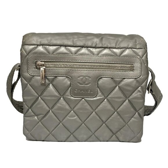 Auth CHANEL Coco Cocoon Silver Nylon Leather Shoulder Bag - Picture 1 of 9